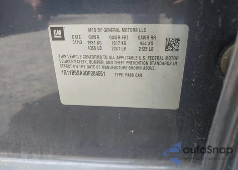 2013 Chevrolet Malibu 1Ls z USA, uszkodzony, nr VIN 1G11B5SA0DF284551